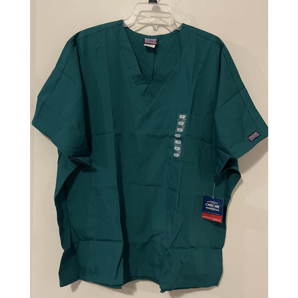 Cherokee Unisex Adult Hunter Green Vneck Short Sleeved Scrub Shirt NWT! A5114